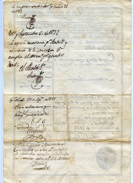 02 Pasaporte dado por el alcalde de Madrid a un vecino de esta ciudad Año 1822 Reverso